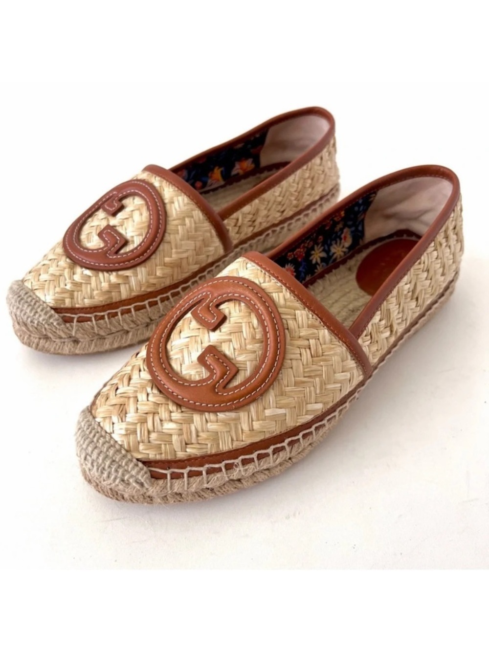 GUCCI || Adela GG Raffia Espadrilles Brown Leather Logo EU 36 US 6